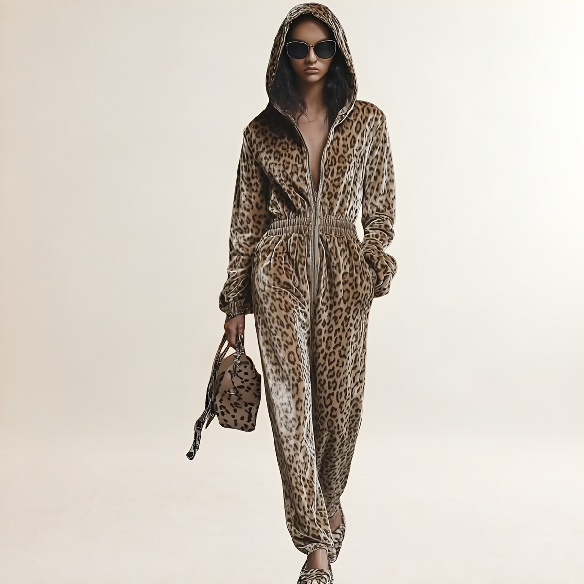 Kombinezon damski z kapturem i wzorem panterki z zamkiem