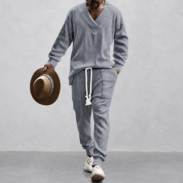 Męczny zestaw athleisure z topem z dekoltem V i spodniami z troczkami - relaxed fit