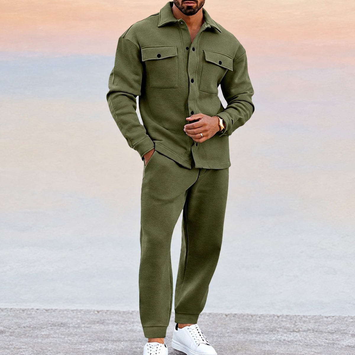 Męczny zestaw sportowy z kurtką na guziki i joggerami - relaxed fit