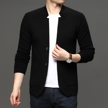 Mężczyźni - Cardigan z kołnierzykiem stojącym, zapinanie na dwa guziki, kieszenie łatowe, slim fit