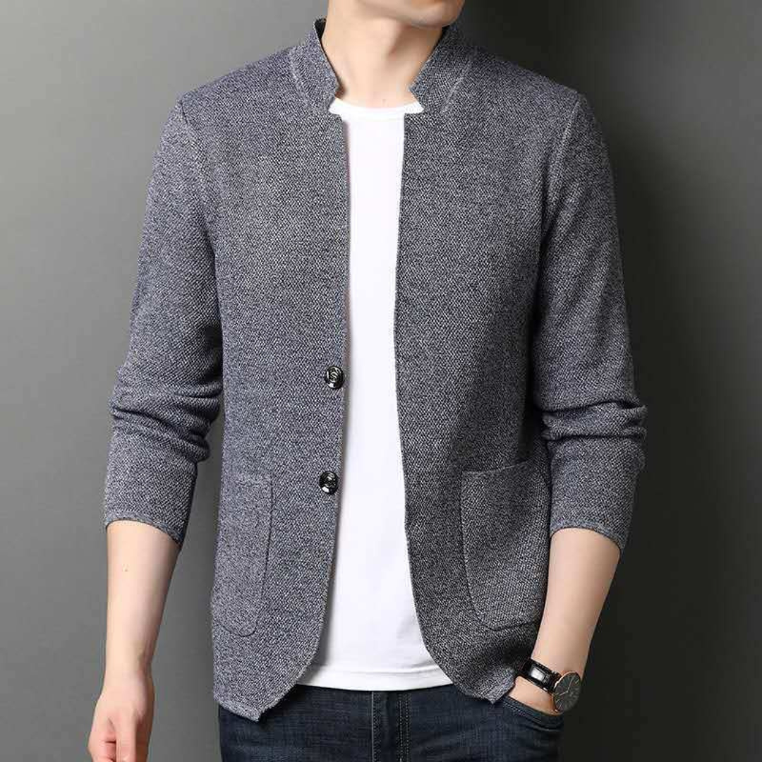 Mężczyźni - Cardigan z kołnierzykiem stojącym, zapinanie na dwa guziki, kieszenie łatowe, slim fit