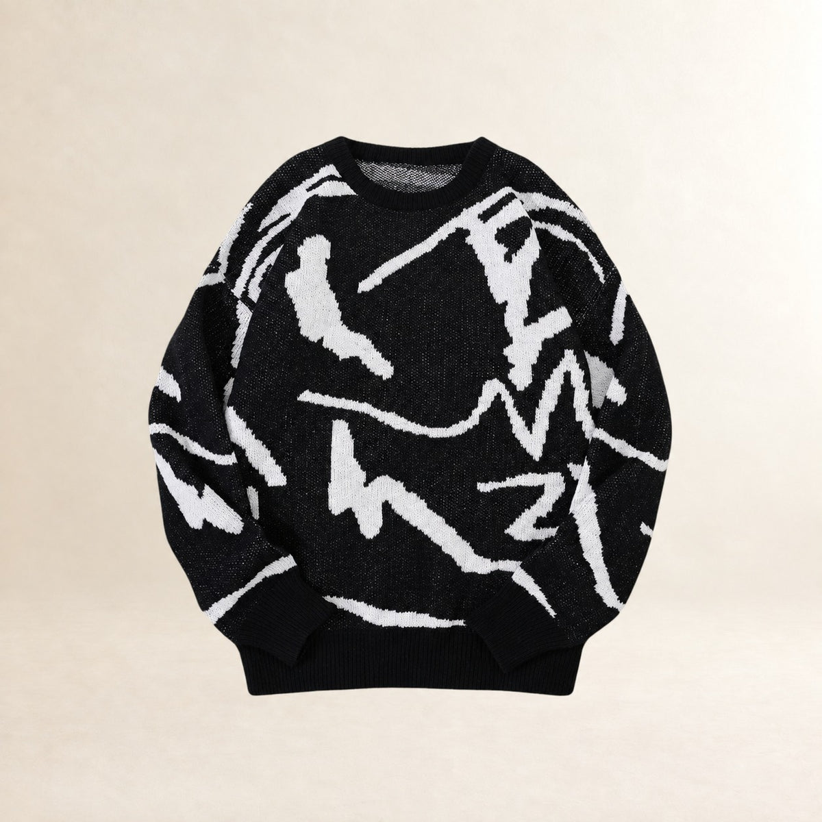 Męry sweter z abstrakcyjnym wzorem, dekoltem crew neck i ribowanymi mankietami