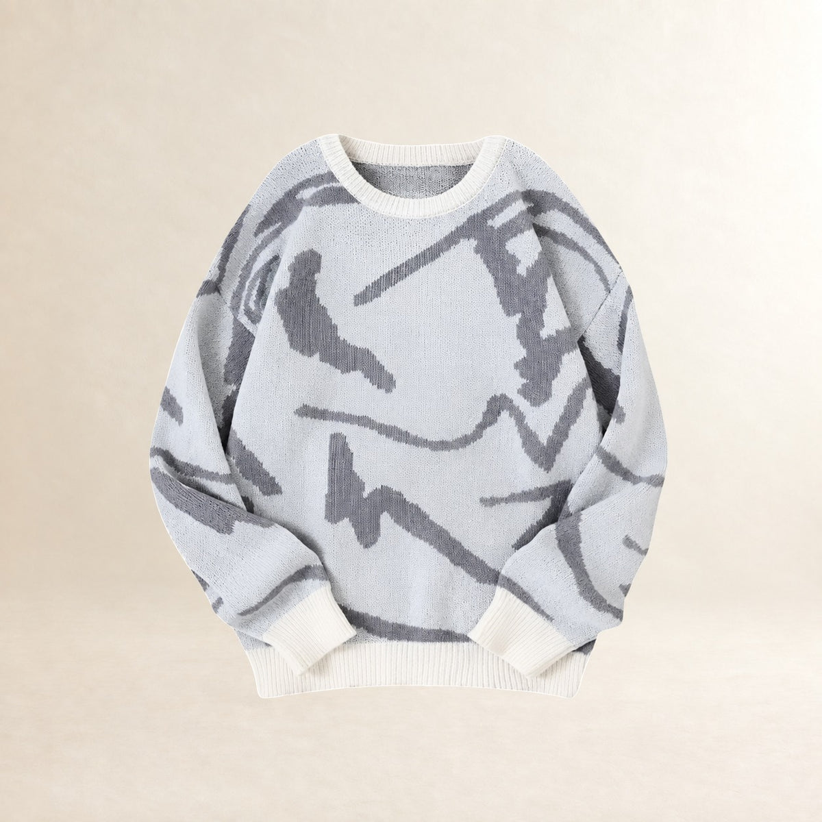 Męry sweter z abstrakcyjnym wzorem, dekoltem crew neck i ribowanymi mankietami