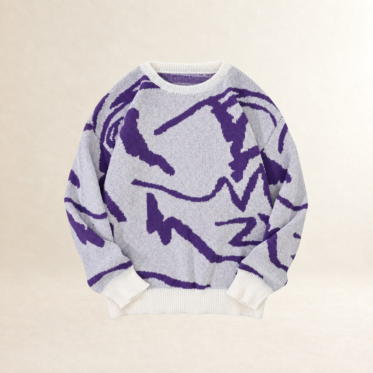 Męry sweter z abstrakcyjnym wzorem, dekoltem crew neck i ribowanymi mankietami