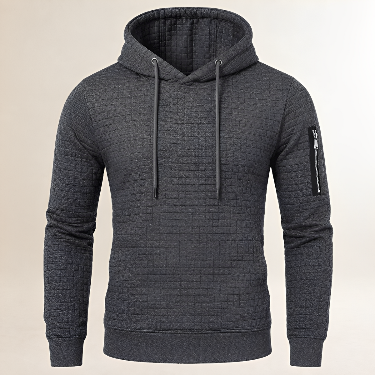 Męska bluza Hoodie dopasowana – kwadratowe przeszycia, kaptur, kieszeń na ramię i kangurka