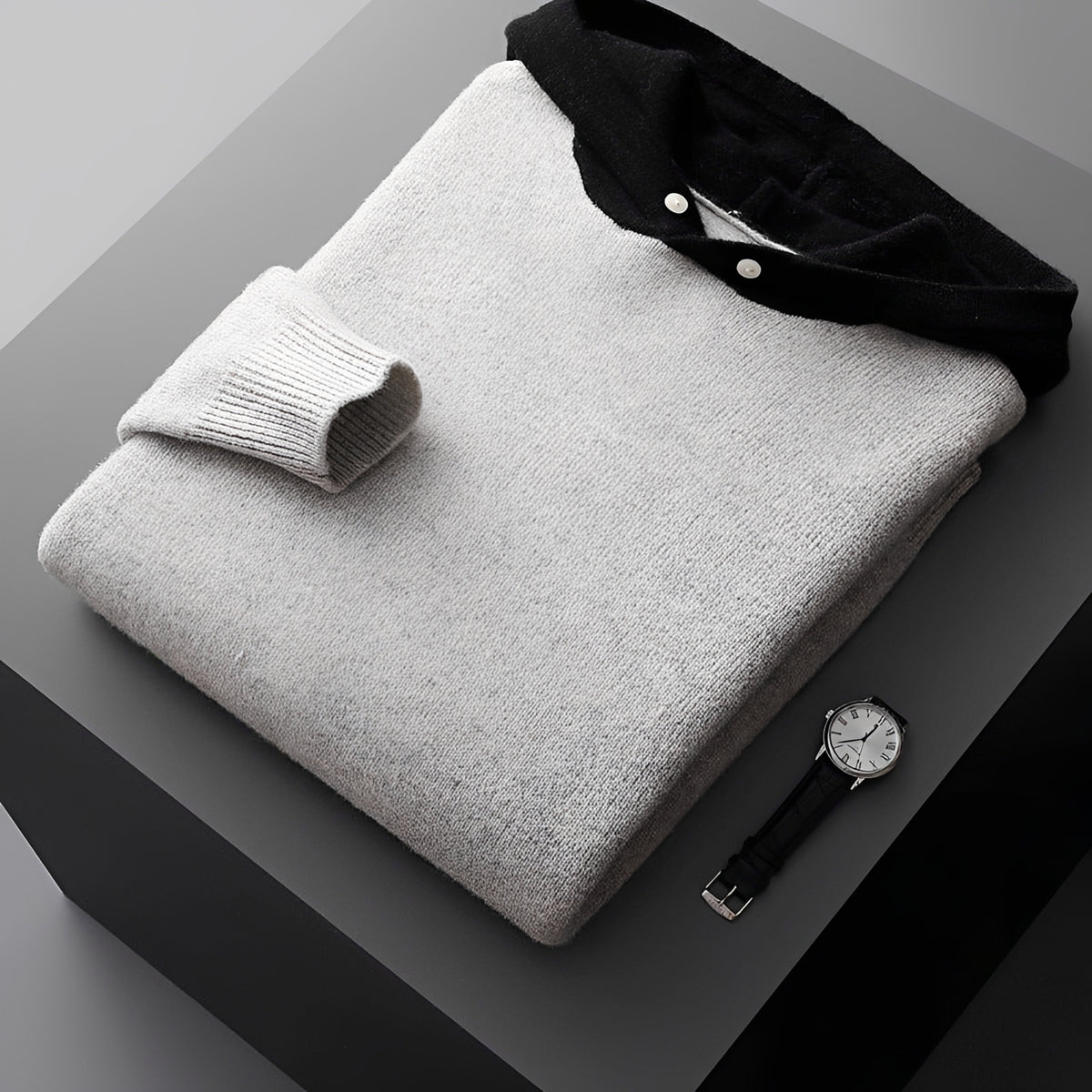 Męska bluza hoodie z guzikami i kontrastowym kołnierzem - regular fit