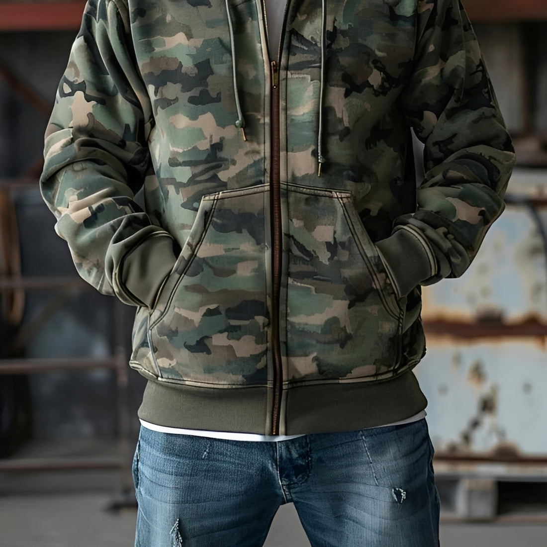 Męska bluza z kapturem i zamkiem pełnym - camo, luźny krój