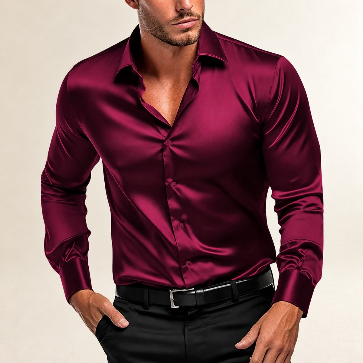 Męska koszula dressowa z fryzowanym kołnierzem włoskim, długie rękawy, zapięcie na guziki, slim fit