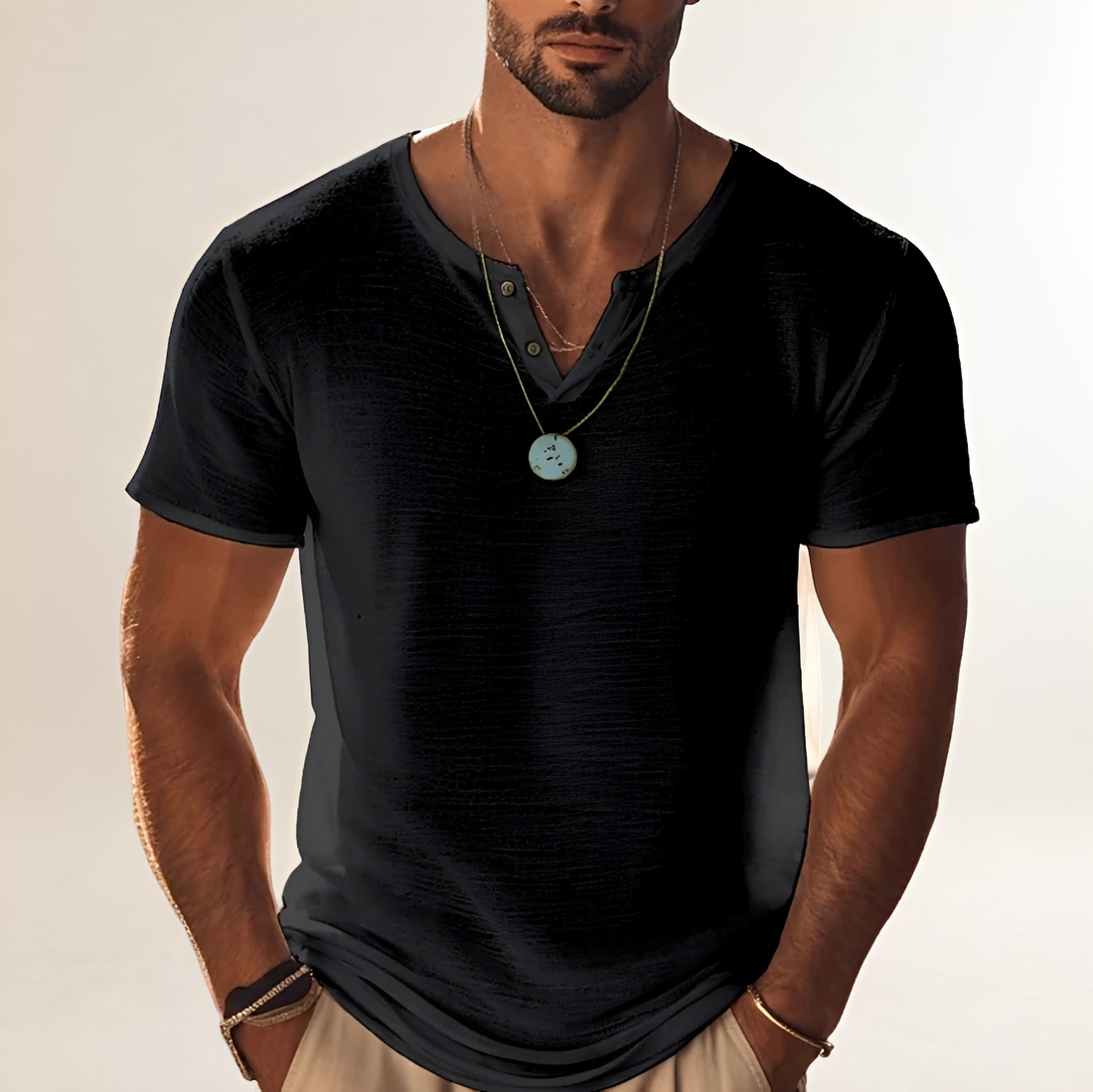 Męska koszula polo z krótkim rękawem Henley V-neck - luźny krój z teksturą