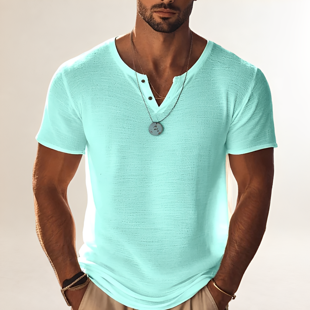 Męska koszula polo z krótkim rękawem Henley V-neck - luźny krój z teksturą