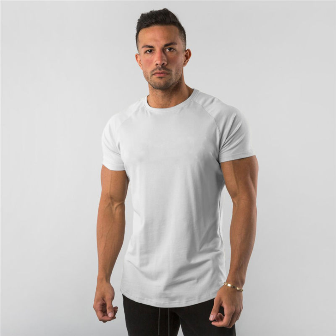 Męska koszulka T-shirt z zaokrąglonym wykończeniem i raglanowymi rękawami - długi zarys, dopasowanie slim