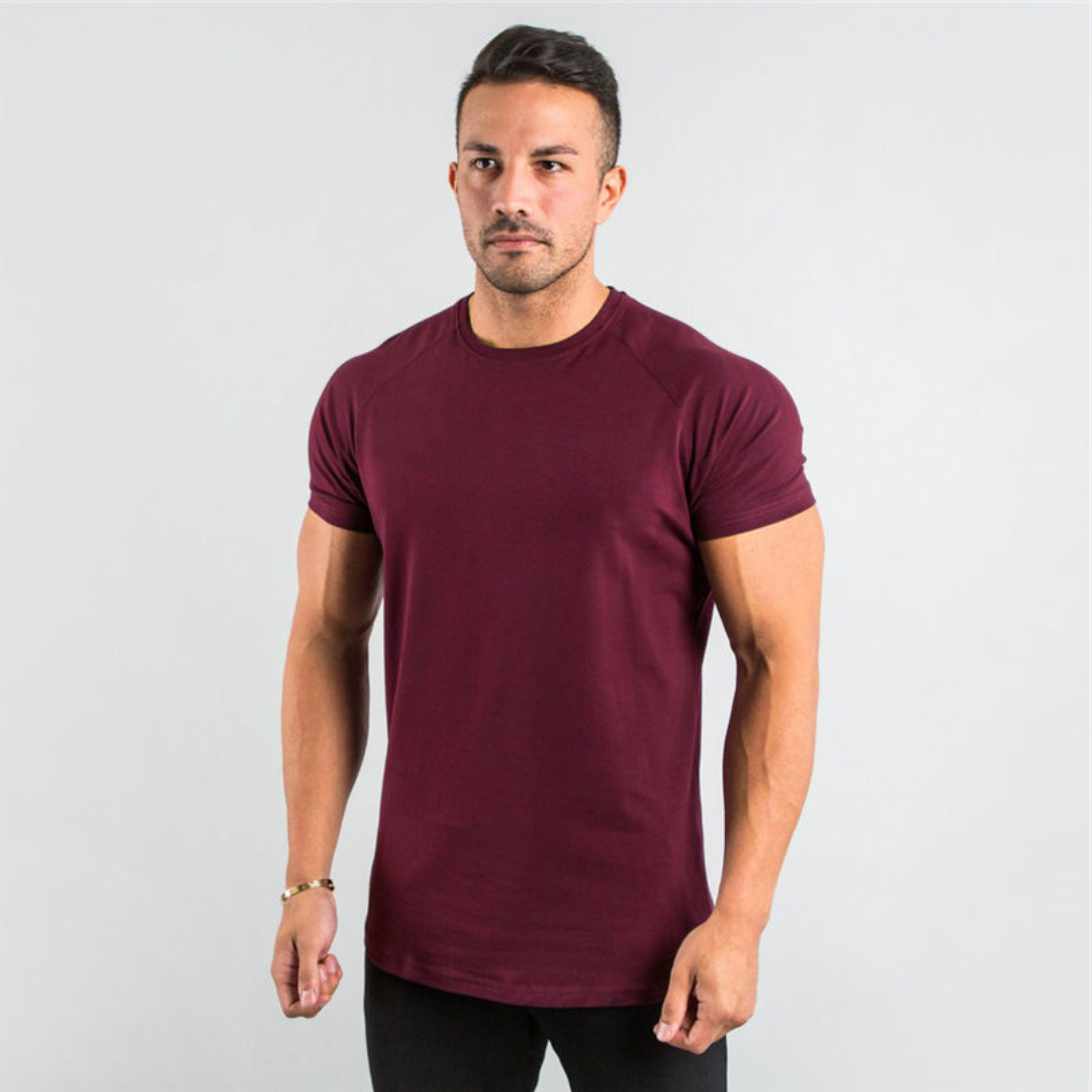 Męska koszulka T-shirt z zaokrąglonym wykończeniem i raglanowymi rękawami - długi zarys, dopasowanie slim