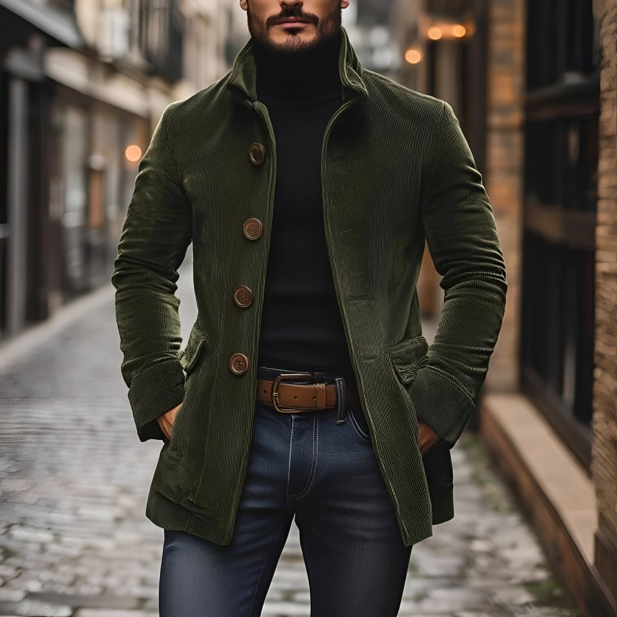 Męska kurtka typu peacoat slim fit z kołnierzem stojącym i zapięciem na guziki