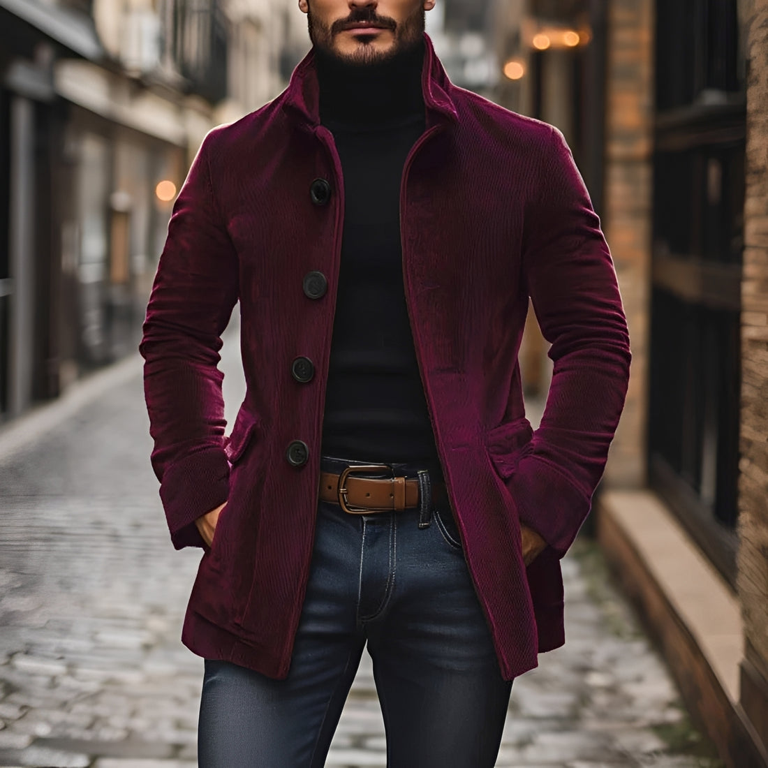 Męska kurtka typu peacoat slim fit z kołnierzem stojącym i zapięciem na guziki