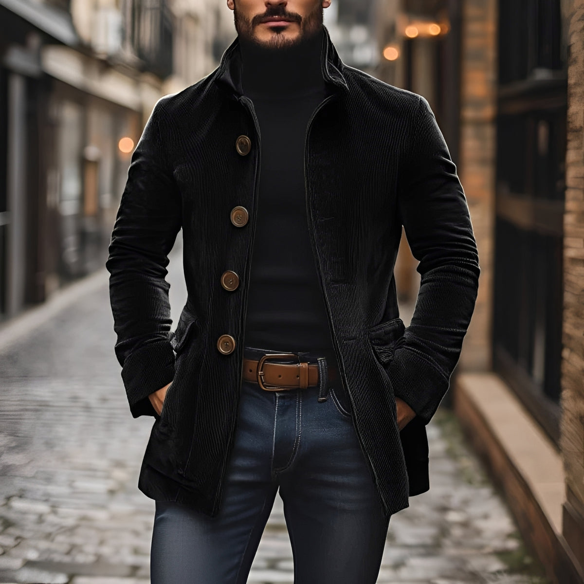 Męska kurtka typu peacoat slim fit z kołnierzem stojącym i zapięciem na guziki