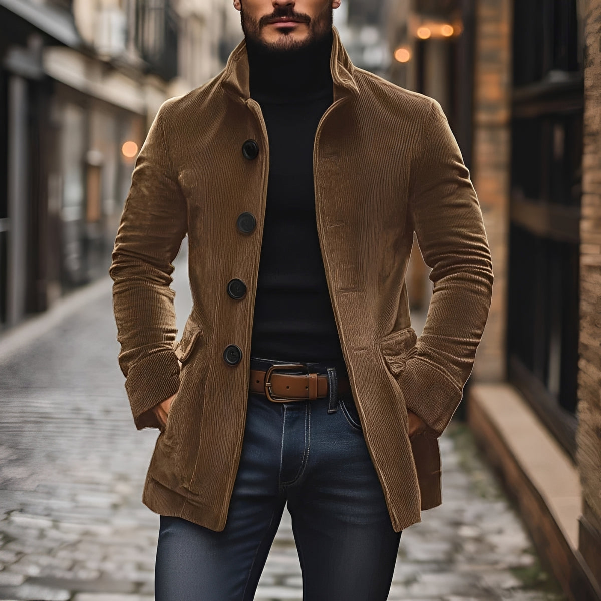 Męska kurtka typu peacoat slim fit z kołnierzem stojącym i zapięciem na guziki
