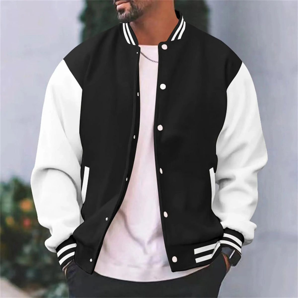 Męska kurtka varsity bomber - regularny krój, zapinanie na napy, kontrastowe rękawy