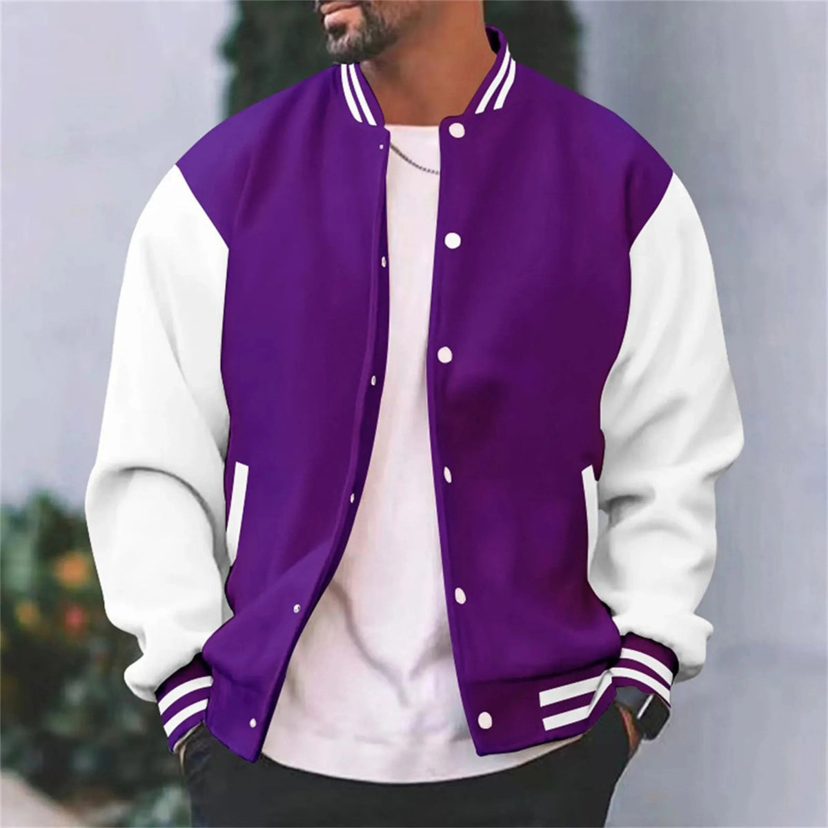 Męska kurtka varsity bomber - regularny krój, zapinanie na napy, kontrastowe rękawy