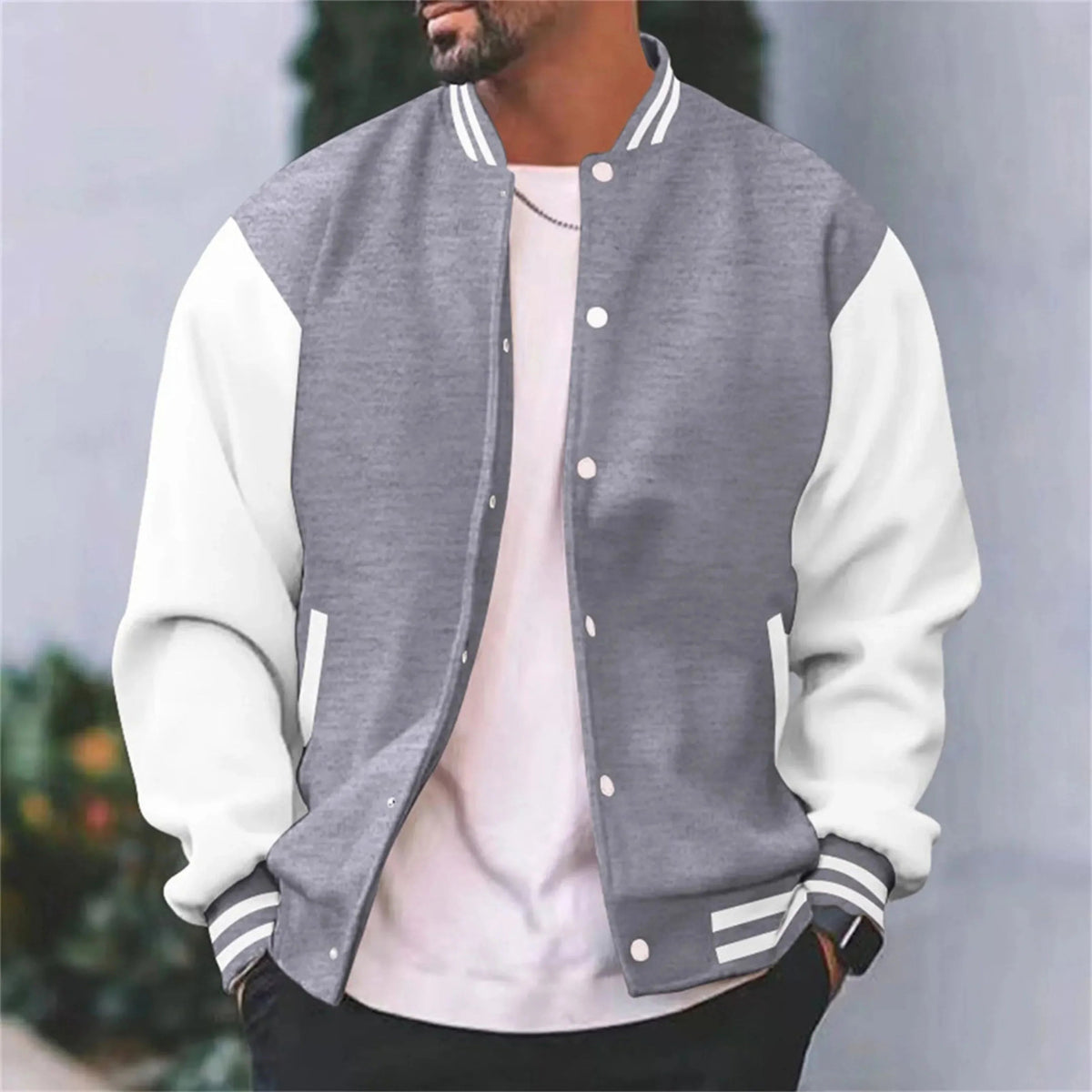 Męska kurtka varsity bomber - regularny krój, zapinanie na napy, kontrastowe rękawy