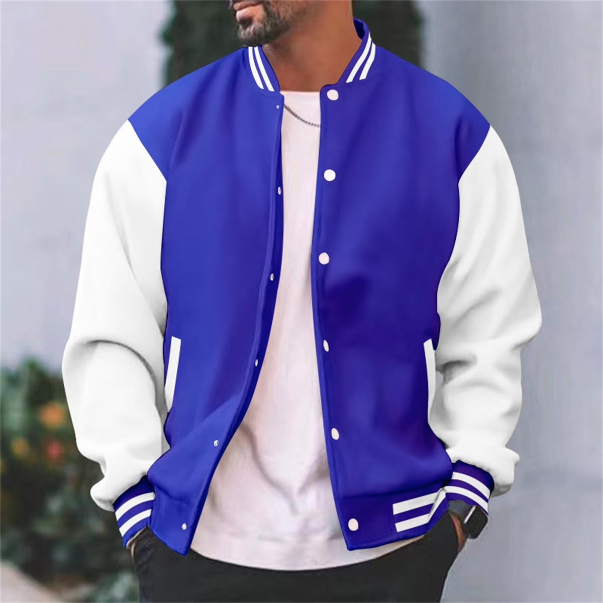 Męska kurtka varsity bomber - regularny krój, zapinanie na napy, kontrastowe rękawy