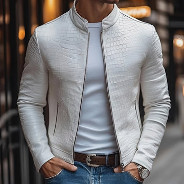Męska kurtka z zamkiem błyskawicznym i stojącym kołnierzem - slim fit z fakturowanym wzorem