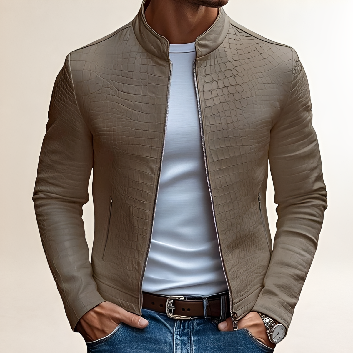 Męska kurtka z zamkiem błyskawicznym i stojącym kołnierzem - slim fit z fakturowanym wzorem
