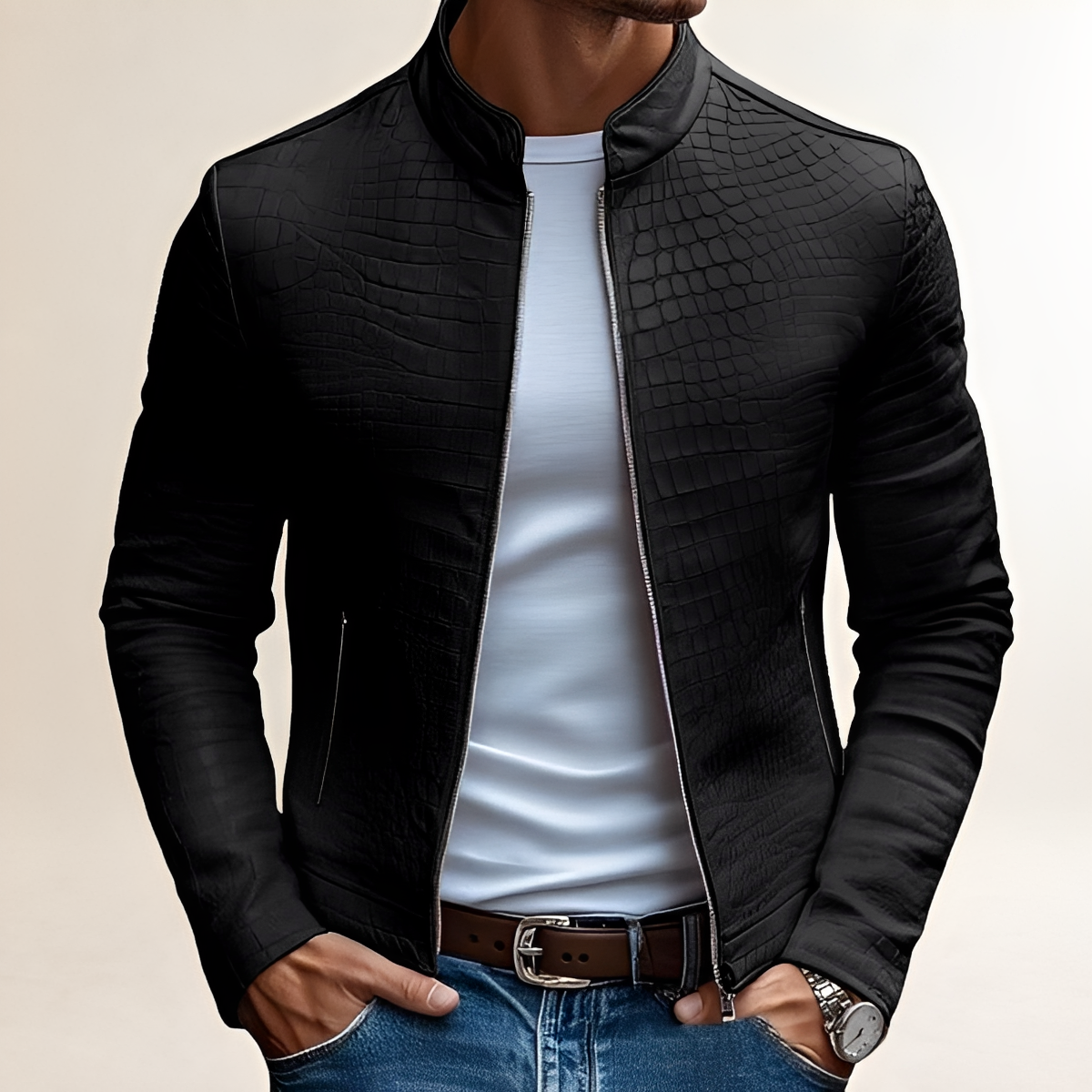 Męska kurtka z zamkiem błyskawicznym i stojącym kołnierzem - slim fit z fakturowanym wzorem