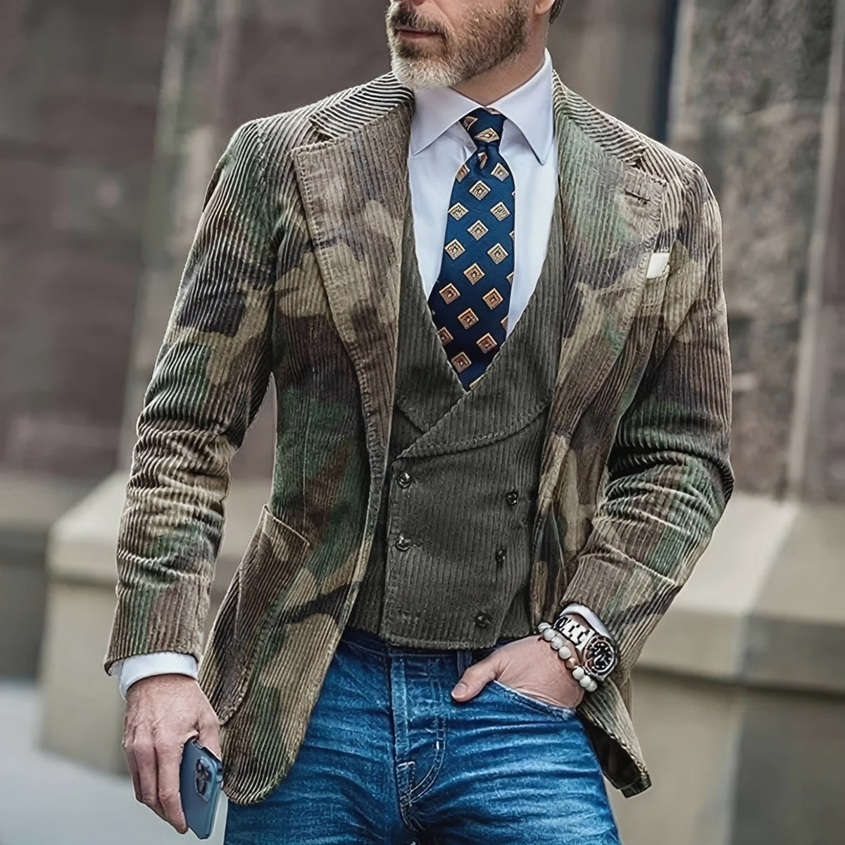 Męska marynarka typu blazer z camo, jednorzędowa, dopasowany krój
