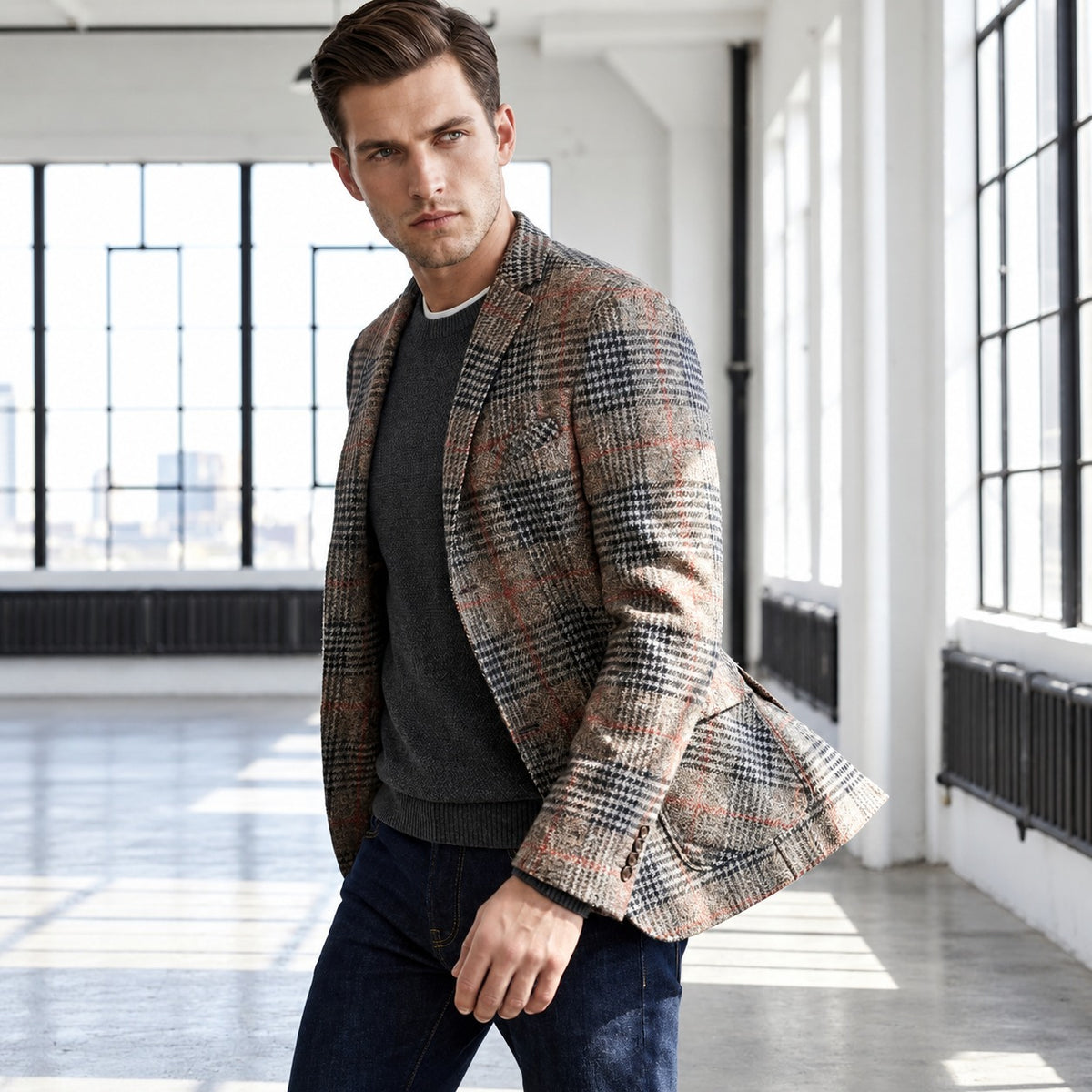 Męska marynarka z wzorem Glen plaid, miękkie ramiona, relaxed fit, kieszenie łatwo dostępne