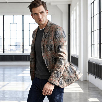 Męska marynarka z wzorem Glen plaid, miękkie ramiona, relaxed fit, kieszenie łatwo dostępne