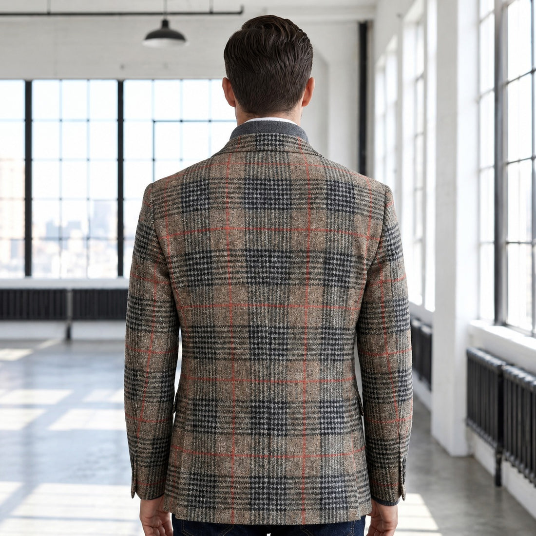 Męska marynarka z wzorem Glen plaid, miękkie ramiona, relaxed fit, kieszenie łatwo dostępne