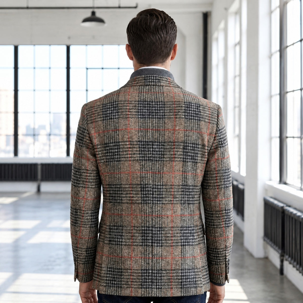 Męska marynarka z wzorem Glen plaid, miękkie ramiona, relaxed fit, kieszenie łatwo dostępne