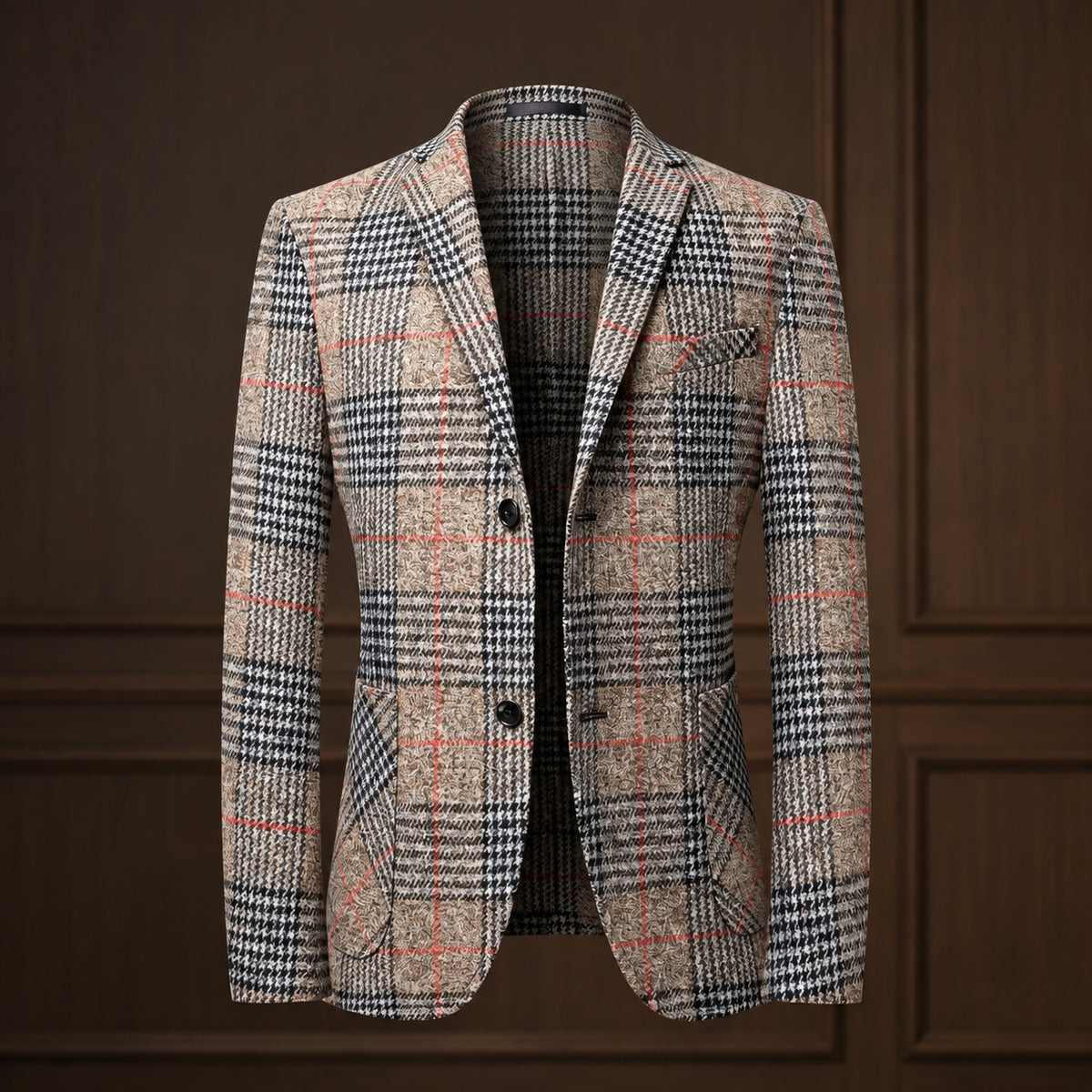 Męska marynarka z wzorem Glen plaid, miękkie ramiona, relaxed fit, kieszenie łatwo dostępne