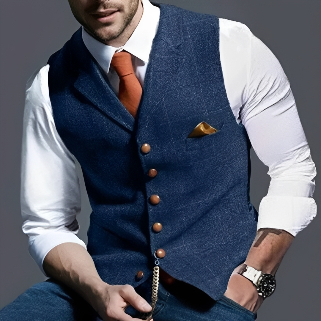 Męska vesta Slim Fit pojedynczy zamek błyskawiczny notched lapel z panelem w kratę, kieszeń na piersi, dekoracyjny łańcuszek