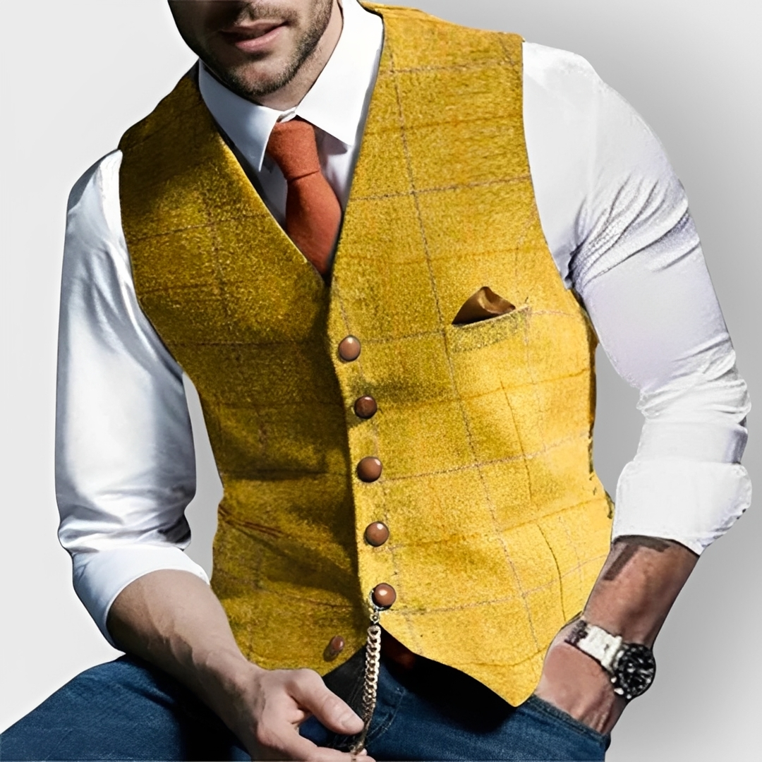Męska vesta Slim Fit pojedynczy zamek błyskawiczny notched lapel z panelem w kratę, kieszeń na piersi, dekoracyjny łańcuszek