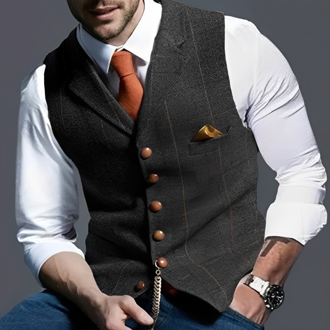 Męska vesta Slim Fit pojedynczy zamek błyskawiczny notched lapel z panelem w kratę, kieszeń na piersi, dekoracyjny łańcuszek