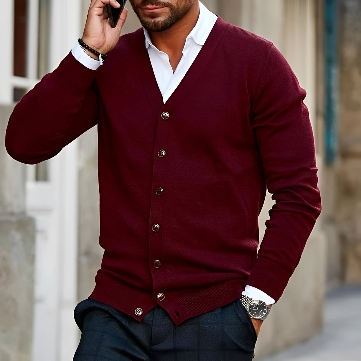 Męski kardigan z dekoltem V, zapinany na guziki, długi rękaw, casual fit