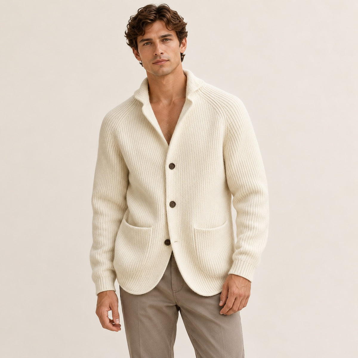 Męski sweter cardigan zapinany na guziki Shawl-krój Raglanowe rękawy Kieszenie patchowe - dopasowany