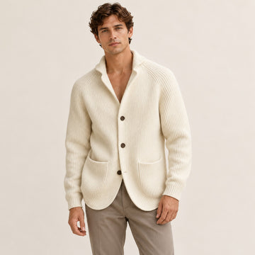 Męski sweter cardigan zapinany na guziki Shawl-krój Raglanowe rękawy Kieszenie patchowe - dopasowany