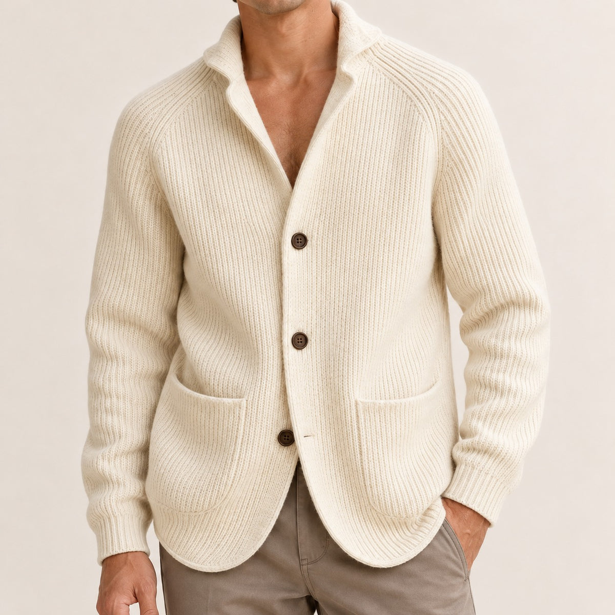 Męski sweter cardigan zapinany na guziki Shawl-krój Raglanowe rękawy Kieszenie patchowe - dopasowany