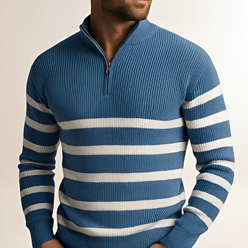 Męski sweter pół-zip z wyrazistymi pasami - wygodny krój