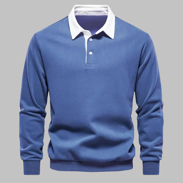 Męski sweter polo z kołnierzykiem - długi rękaw, plisa na guziki, relaxed fit