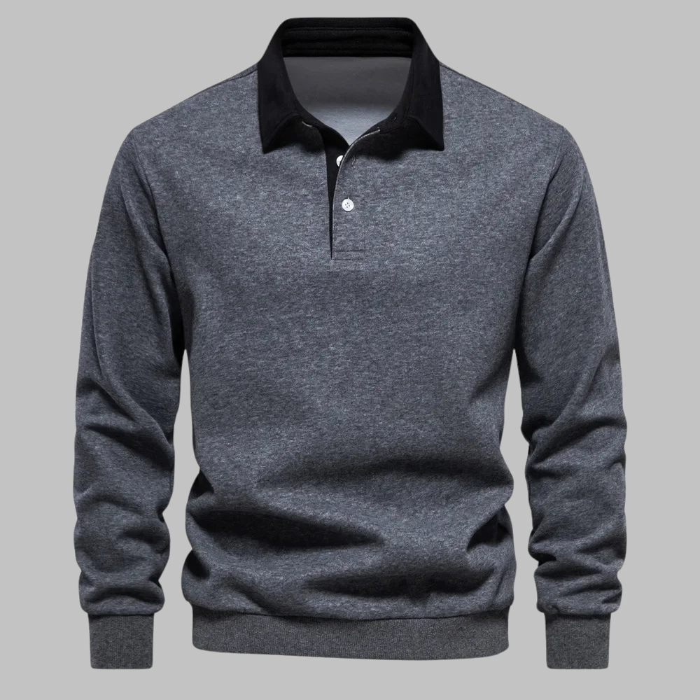 Męski sweter polo z kołnierzykiem - długi rękaw, plisa na guziki, relaxed fit