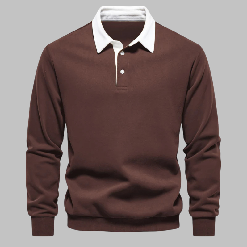 Męski sweter polo z kołnierzykiem - długi rękaw, plisa na guziki, relaxed fit