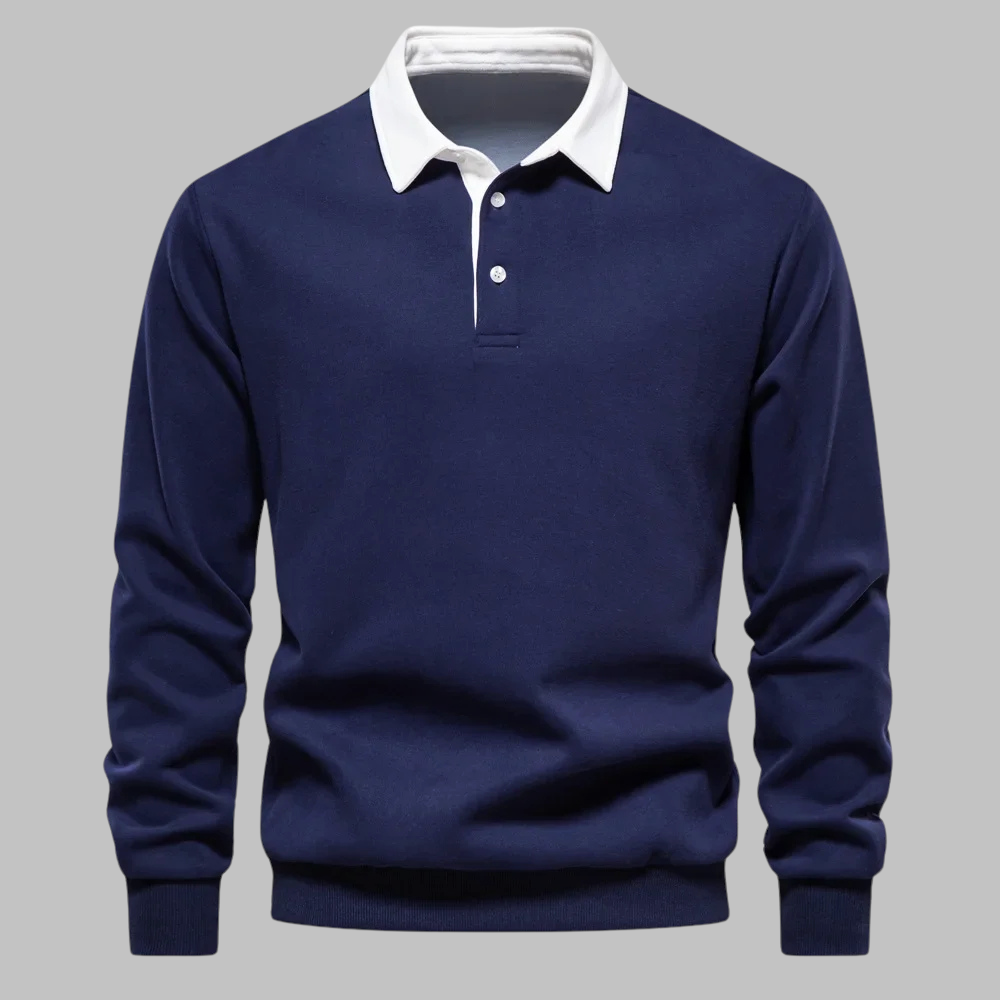 Męski sweter polo z kołnierzykiem - długi rękaw, plisa na guziki, relaxed fit
