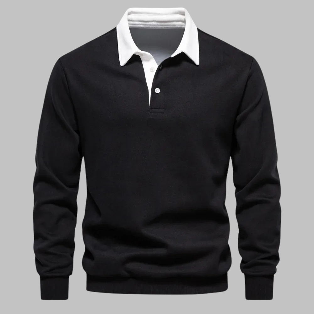 Męski sweter polo z kołnierzykiem - długi rękaw, plisa na guziki, relaxed fit