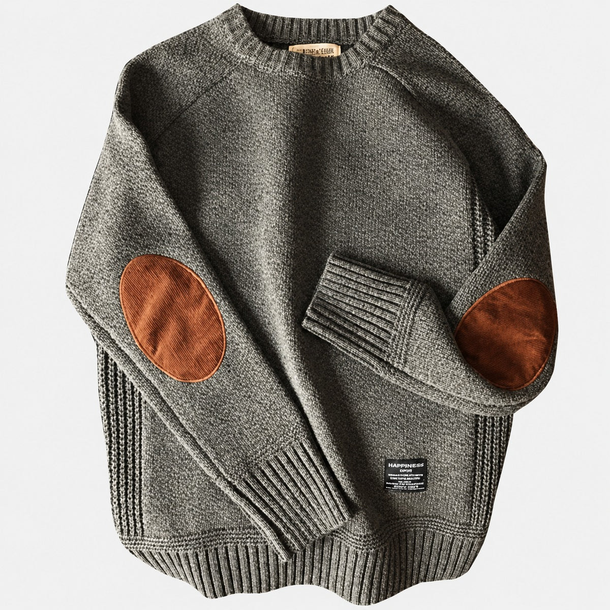 Męski sweter z łaty na łokciach crew neck ribbed cuffs