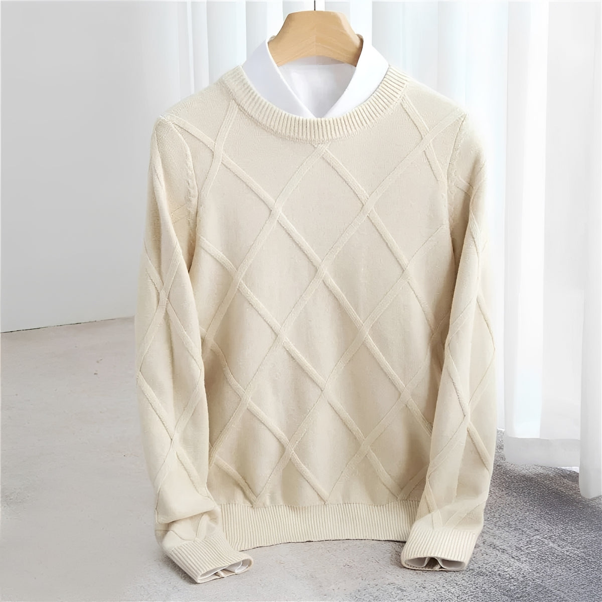 Męski sweter z dekoltem O, wzór argyle, ściągacze na rękawach, regularny krój