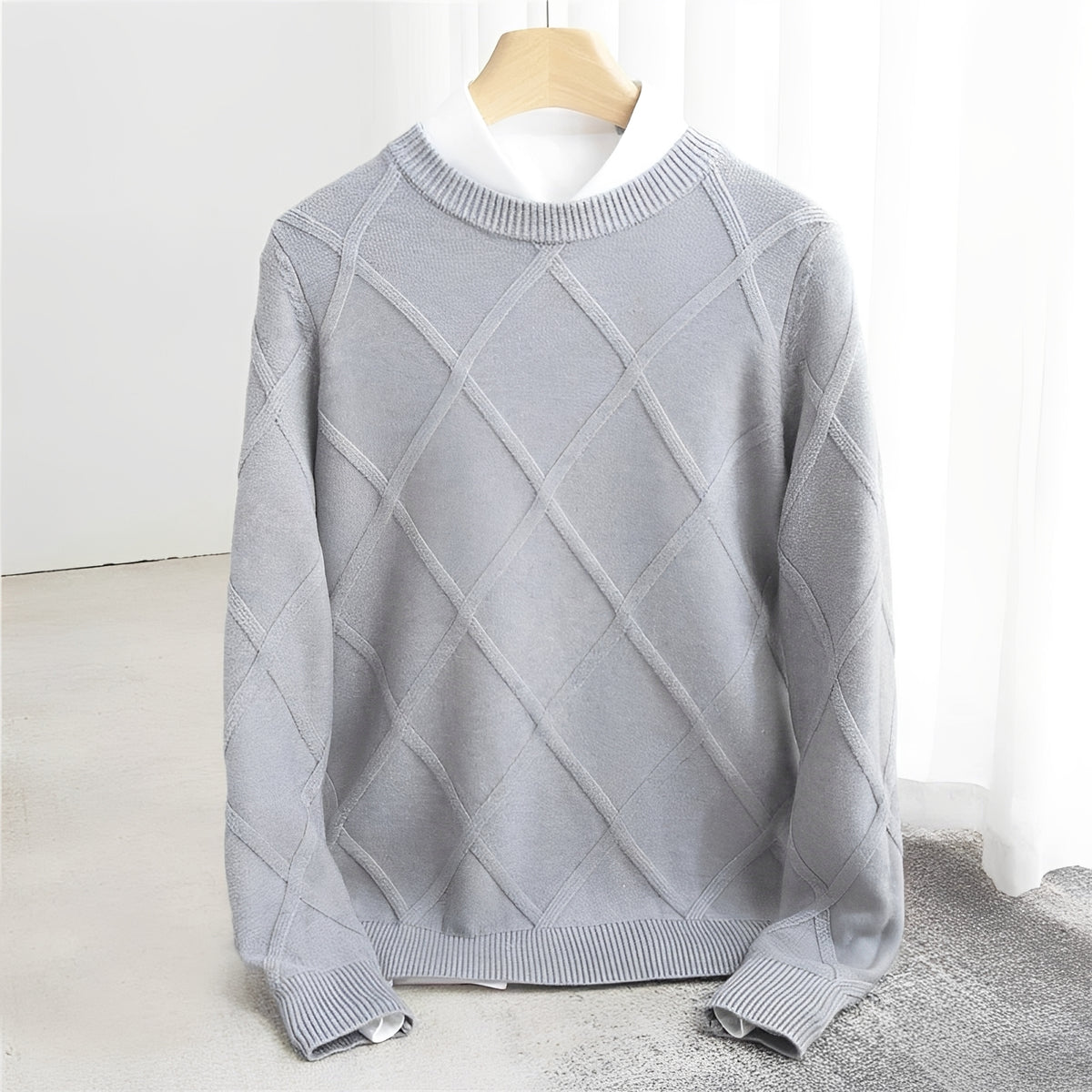Męski sweter z dekoltem O, wzór argyle, ściągacze na rękawach, regularny krój