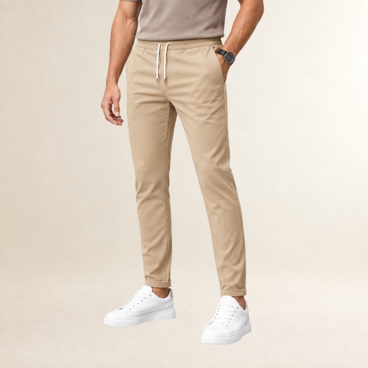 Męskie slim fit spodnie z regulowanym sznurkiem i zwężanymi nogawkami